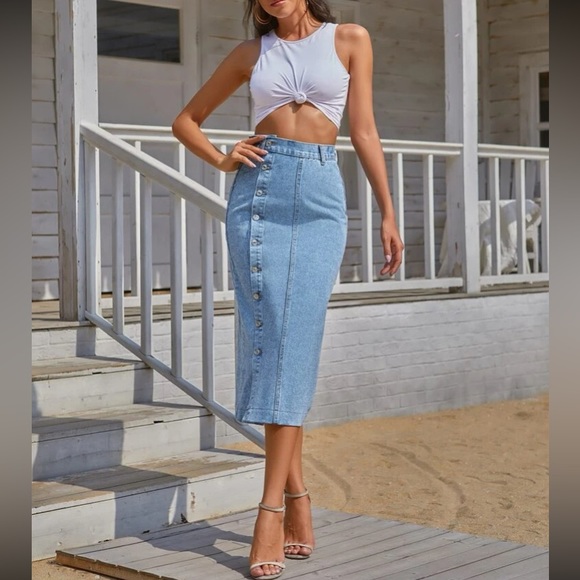 Boho button detail denim midi skirt - Picture 6 of 16
